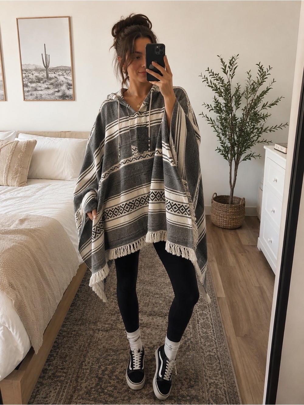 White Crow Black and Cream Hooded Striped Poncho
